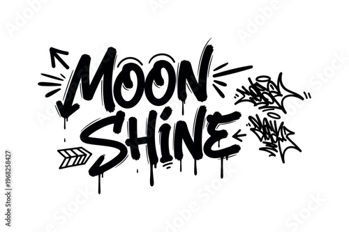Moon Shine. lettering and all elements in black. Vector style. AWhite background. Pure white background. Perfect isolation and visual consistency. Dynamic