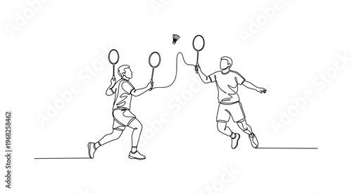 Badminton Rally. Minimalistic one-line drawing two players hitting shuttlecock back and forth, continuous single black line on white background, simple outline