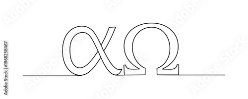 Alpha and Omega. Minimalistic one-line drawing alpha and omega symbols together, continuous single black line on white background, simple outline style, no