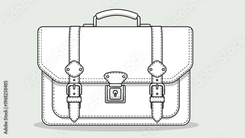 Detailed line art illustration of a professional leather briefcase with buckles and handle on a light grey background.