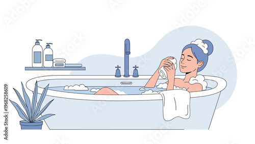 Relaxing illustration of a woman enjoying a bubble bath with skincare products on a shelf and a potted plant.