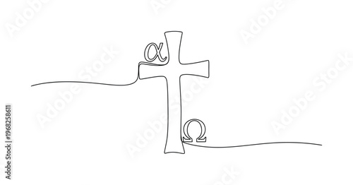 Alpha Omega Cross. Minimalistic one-line drawing cross with alpha and omega symbols, continuous single black line on white background, simple outline style, no