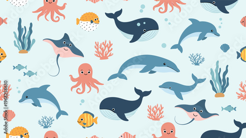 Colorful seamless pattern of diverse sea creatures including whales, dolphins, octopuses, and fish in the ocean.