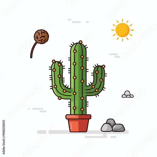 A stylized cactus with orange spots stands in a pot, under a sun