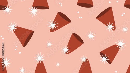 Festive seamless pattern featuring red conical party hats and white glowing stars on a light pink background.