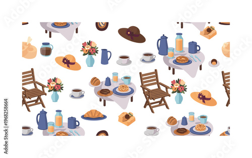 veranda brunch icons seamless pattern, repeating pattern, surface design, textile print, modern illustration of breakfast settings, flowers, coffee cups,