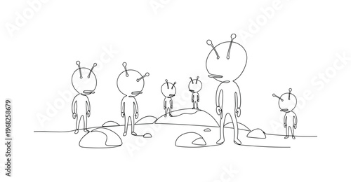 Alien Planet Scene. Minimalistic one-line drawing Martians standing near rocks and small mounds, continuous single black line on white background, simple