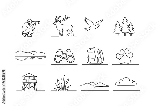 Nature Watching Experience. Minimalistic set one-line drawing wildlife photographer crouching, elk with antlers, bird flying, forest trees cluster, lake with