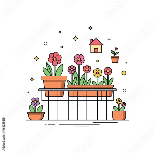 Spring flowers balcony garden concept where potted spring flowers brighten a terrace while tiny sparkle and star icons highlight home gardening, color, and