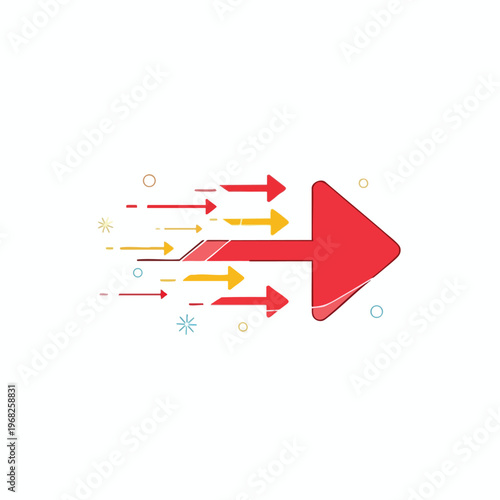 Red and yellow arrows trail behind a large red arrow moving right. Minimalist graphic