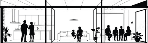 Contemporary house interior cutaway with family silhouettes in kitchen living room and dining space vector illustration for lifestyle architecture home concept
