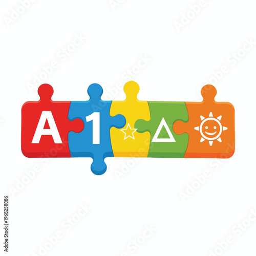 Five colorful puzzle pieces form a bar, displaying letter A, number 1, star, triangle, and sun