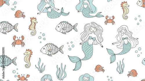 Enchanting seamless pattern of whimsical mermaids, fish, seahorses, and crabs in a light blue underwater world.
