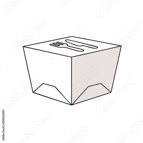 Minimalist line drawing of a takeout food box with fork and knife icon