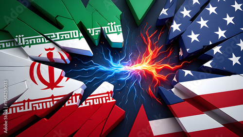 Cracked Flags: Iran vs USA: A conceptual image symbolizing conflict between two nations.