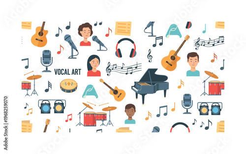 vocal art icons seamless pattern, repeating pattern, surface design, textile print, modern illustration of microphones, singers, musical notes, instruments,