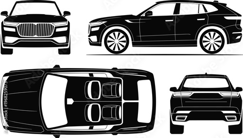 Luxury SUV car vector illustration set with front side top and rear views detailed vehicle silhouette for automotive transport design concept