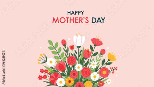 Colorful bouquet of various flowers including tulips and daisies for a Happy Mother's Day greeting on a pink background.