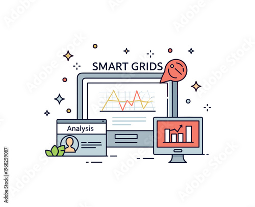 Smart grids energy efficiency visualization concept where consumption data is represented digitally while tiny sparkle and star icons highlight analysis,
