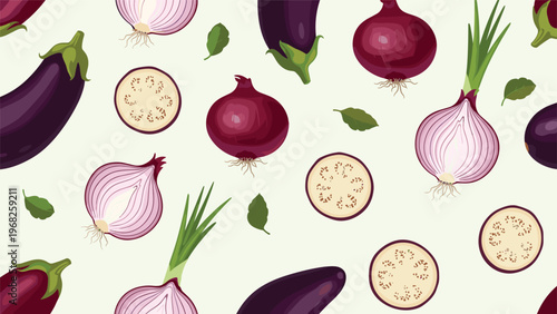 Healthy seamless pattern showcasing whole and sliced eggplants and red onions scattered on a light green background.