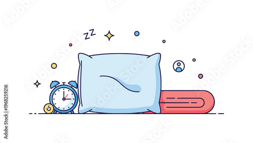 Pillow bedtime routine scene where a pillow lies beside an alarm clock and blanket while tiny sparkle and star icons highlight rest, comfort, and daily ritual.