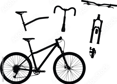 Mountain bike silhouette with separate components including frame wheels handlebar and fork isolated vector illustration set