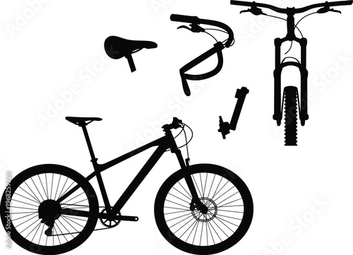 Mountain bike silhouette with detailed components including frame wheels handlebar and saddle isolated vector illustration set