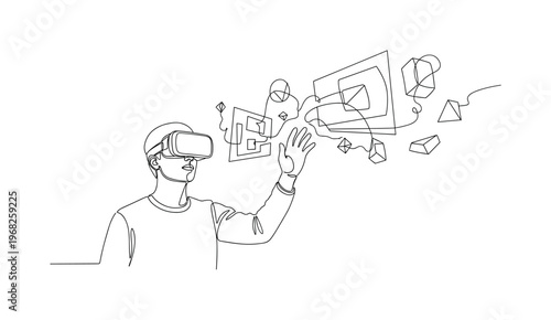 Immersive VR. Minimalistic one-line drawing individual with VR goggles reaching out to holographic elements, continuous single black line on white background,