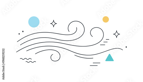 Abstract cold breeze concept. Flowing curved lines and minimal shapes representing cool wind and freshness, without specific characters. The scene feels light,