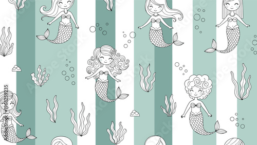 Adorable seamless pattern for children featuring cute mermaids, seaweed, and bubbles on a teal and white striped background.