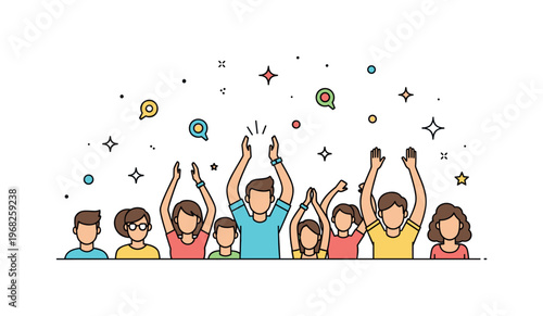 Live concert audience reaction scene where fans jump, clap, and cheer while tiny sparkle and star icons highlight excitement, participation, and live music