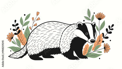 Charming illustration of a black and white badger standing amidst delicate wildflowers and leaves on a plain background.