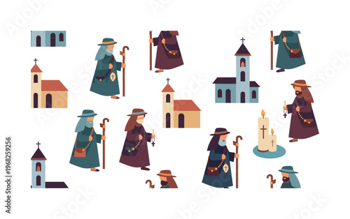 devotion patterns seamless pattern, repeating pattern, surface design, textile print, modern illustration of pilgrims, holding crosses and rosaries, walking