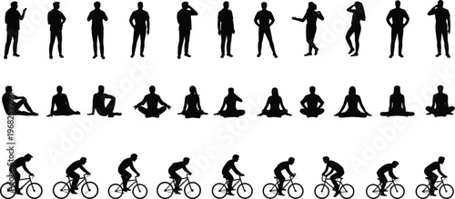 PrintPeople silhouette set with standing sitting yoga meditation and cycling poses vector illustration collection for fitness lifestyle activity and human figure design