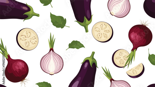 Seamless vegetable pattern featuring whole and sliced eggplants and red onions on a white background for a fresh look.