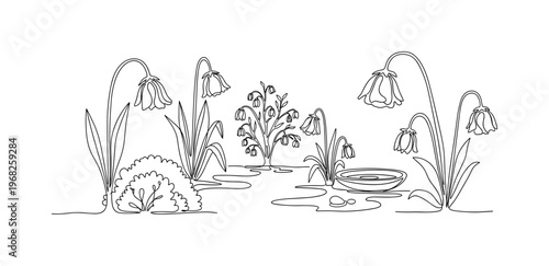 Wilted Garden. Minimalistic one-line drawing drooping flowers across a garden scene, continuous single black line on white background, simple outline style, no