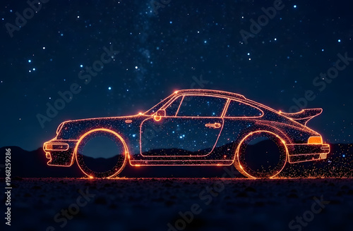 A glowing outline of a classic sports car is beautifully captured against a starry night sky. The vibrant light trails create a stunning visual effect, highlighting the car's sleek design.