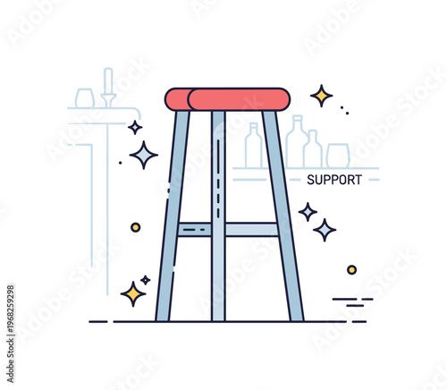 Bar stool leg minimalist product showcase scene where the leg is displayed with subtle highlights while tiny sparkle and star icons emphasize elegance, modern