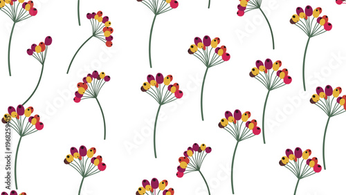 Elegant seamless pattern featuring slender green branches with clusters of small yellow, orange, and purple berries.