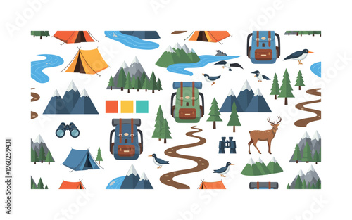eco-tourism and travel to natural destinations seamless pattern, repeating pattern, surface design, textile print, modern illustration of tents, backpacks,