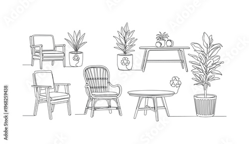 Eco-Inspired Interiors. Minimalistic one-line drawing chairs, tables, and planters made from bamboo and recycled materials, continuous single black line on
