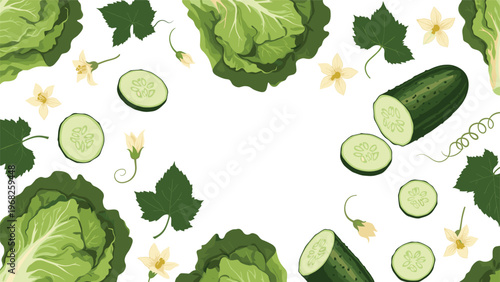 Decorative vegetable frame featuring fresh cucumbers and cabbages with their leaves and flowers surrounding a white center.