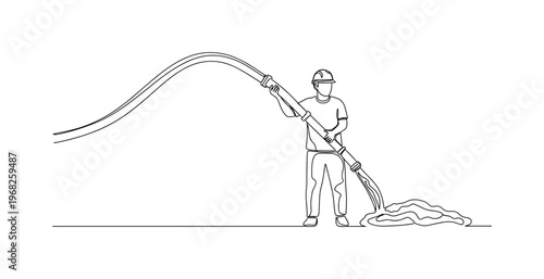 Pump Hose Control. Minimalistic one-line drawing operator guiding concrete pump hose with flowing concrete, continuous single black line on white background,