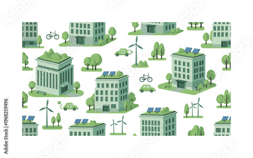 green rooftop motifs seamless pattern, repeating pattern, surface design, textile print, modern illustration of green rooftops, eco-buildings, solar panels,