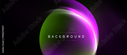 Abstract design features vibrant green, purple gradients. Circular shapes overlap creating luminous effect. Text reads background. Dark backdrop enhances visual impact.