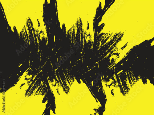 Vibrant yellow background with dynamic black brush strokes and abstract art design elements