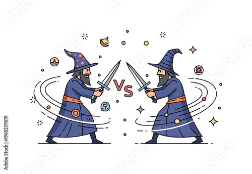 Evil sorcerers spell duel concept where two dark mages face each other with magical energy swirling while tiny sparkle and star icons highlight conflict,