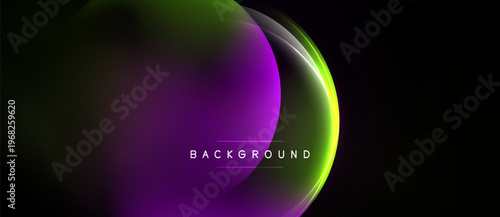 Abstract design features vibrant purple, green gradients. Dark background emphasizes luminous curves, text reads background. Modern, dynamic visual presentation.