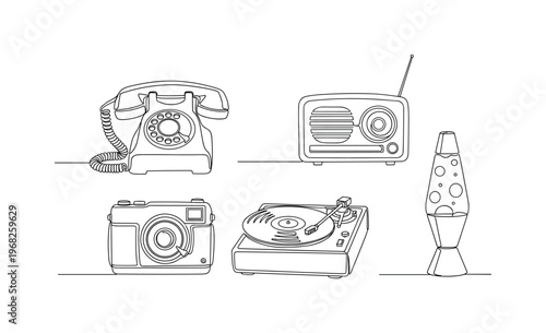 Retro Collection. Minimalistic one-line drawing decorative objects from past decades arranged aesthetically, continuous single black line on white background,