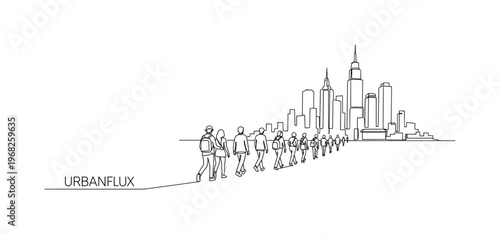 Urban Influx. Minimalistic one-line drawing group moving toward skyline with tall buildings, continuous single black line on white background, simple outline